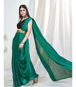Peacock Green Plain Ready to Wear Silk Saree WITH BLOUSE