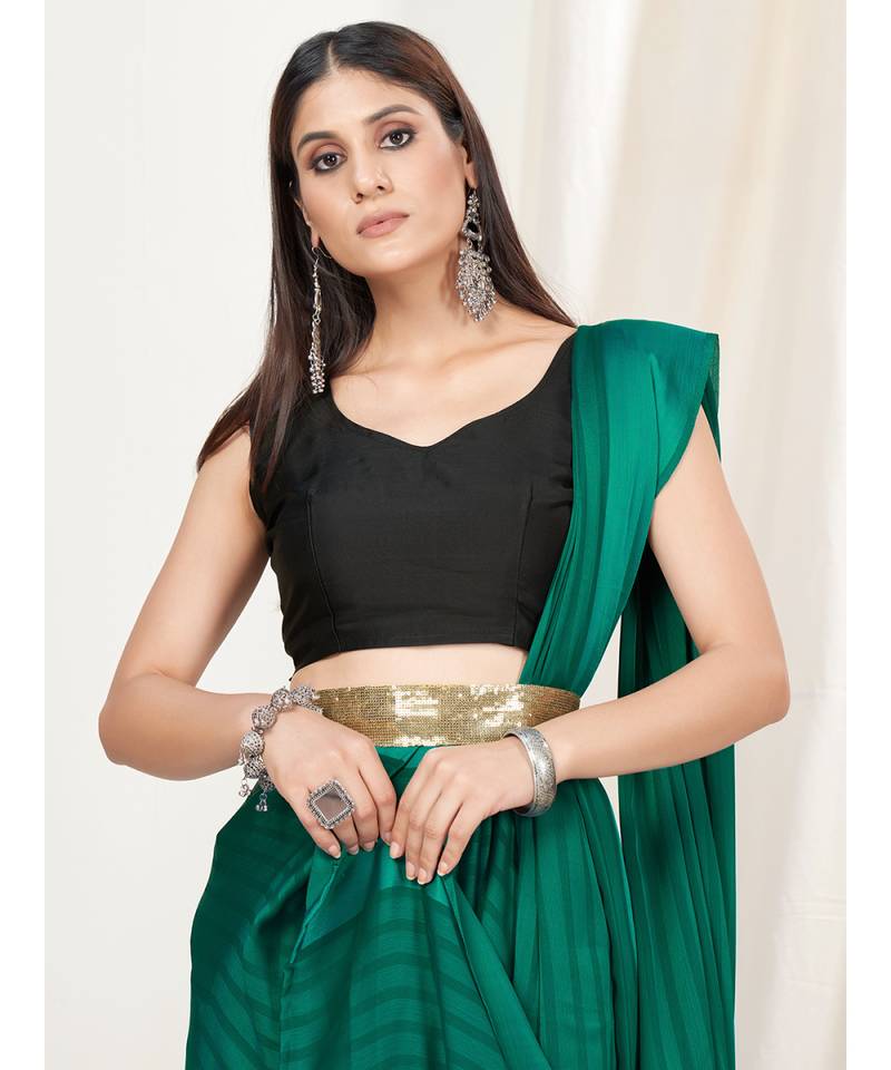 Peacock Green Plain Ready to Wear Silk Saree WITH BLOUSE
