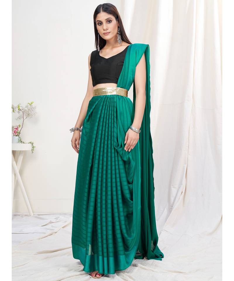 Peacock Green Plain Ready to Wear Silk Saree WITH BLOUSE