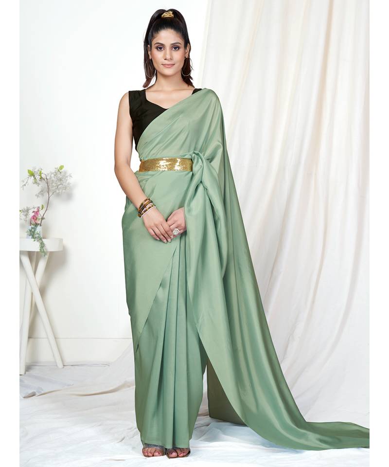 Powder Green Plain Ready to Wear Silk Saree WITH BLOUSE