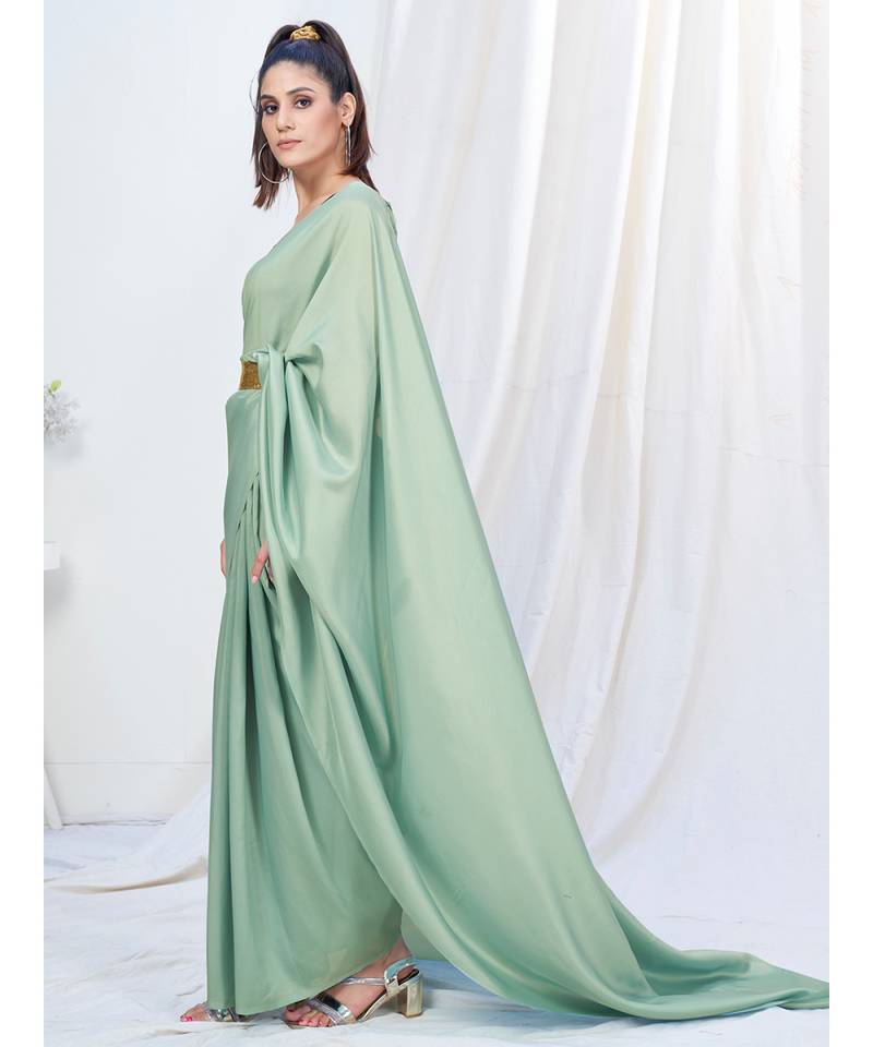 Powder Green Plain Ready to Wear Silk Saree WITH BLOUSE WHITE FIRE