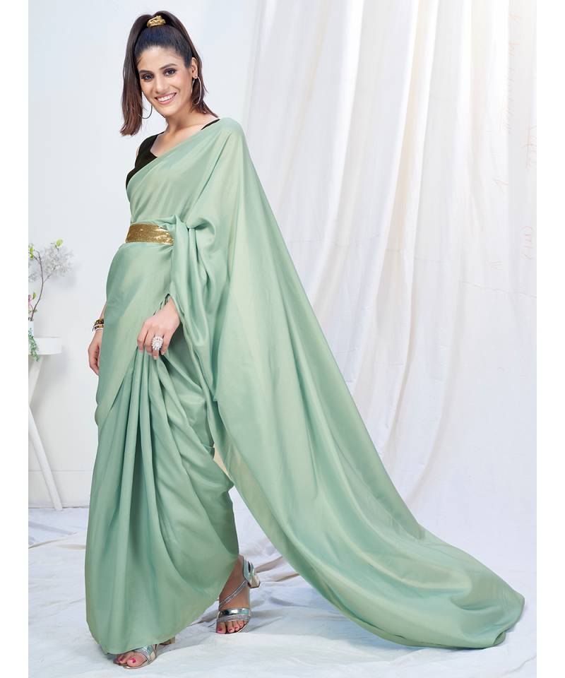 Powder Green Plain Ready to Wear Silk Saree WITH BLOUSE