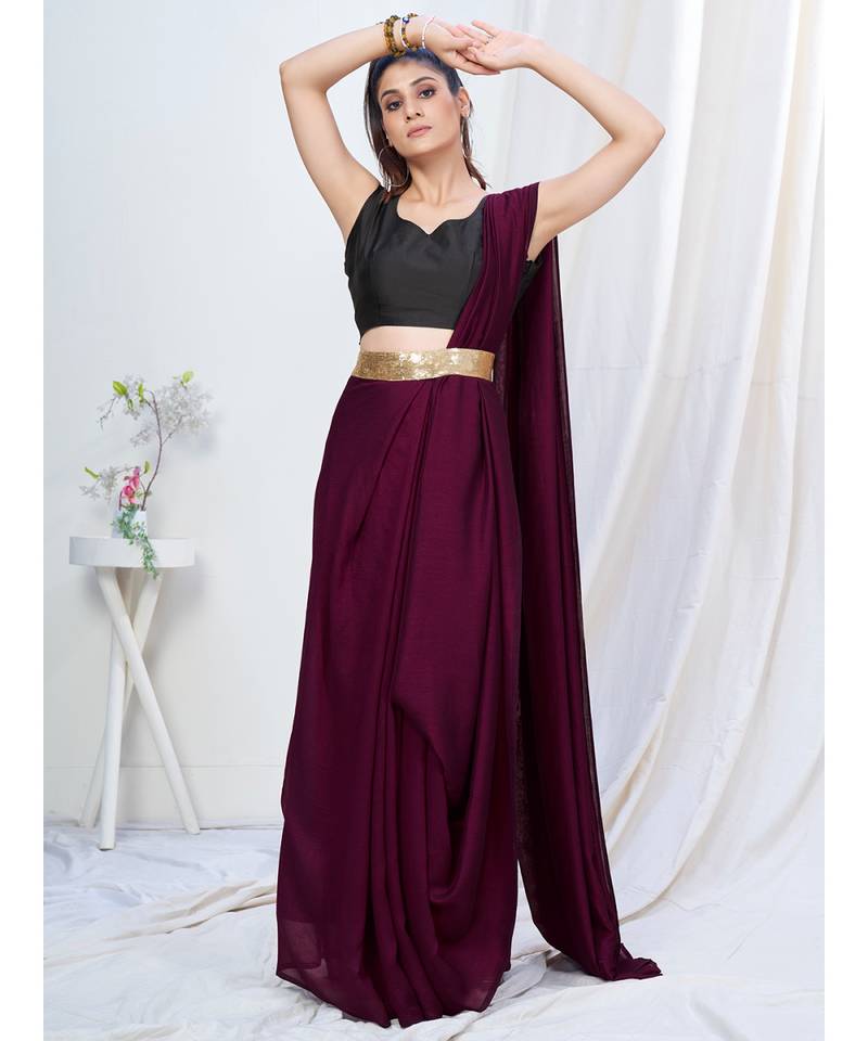 Modest Purple Plain Ready to Wear Silk Saree WITH BLOUSE