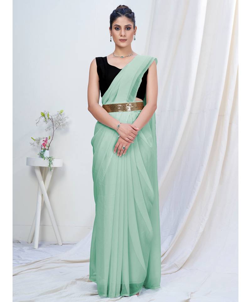 Turquoise Blue Plain Ready to Wear Silk Saree WITH BLOUSE