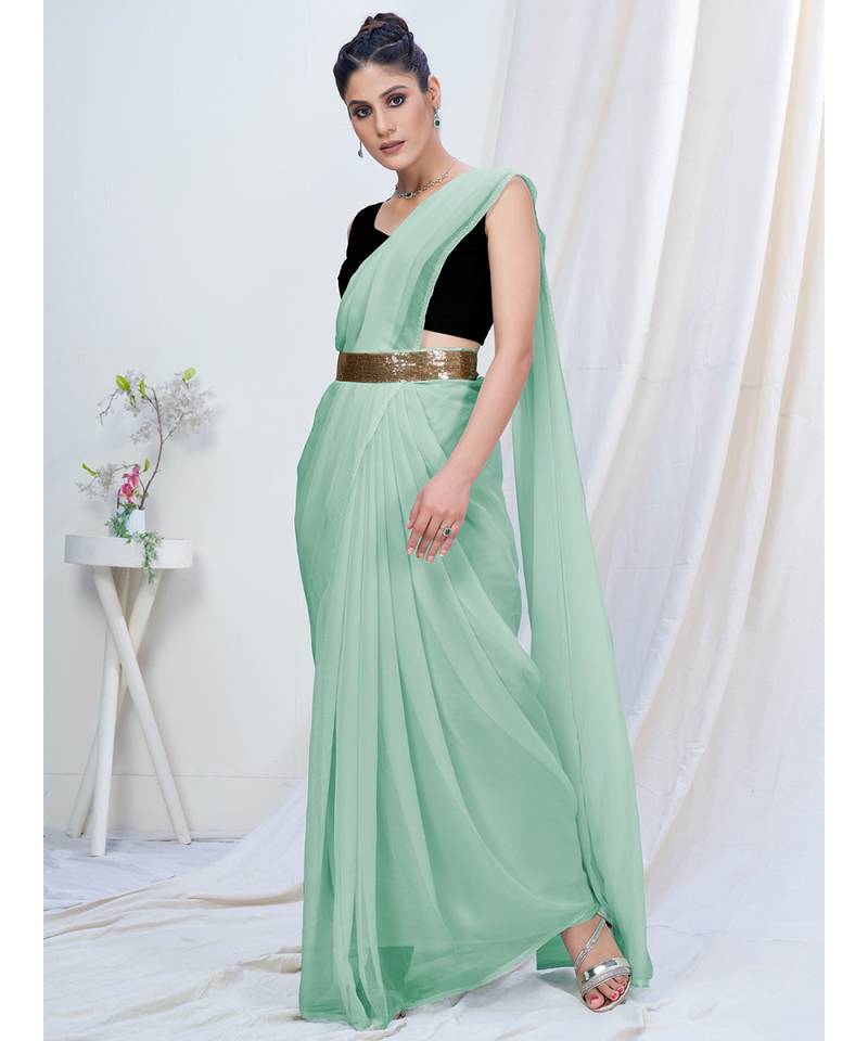 Turquoise Blue Plain Ready to Wear Silk Saree WITH BLOUSE