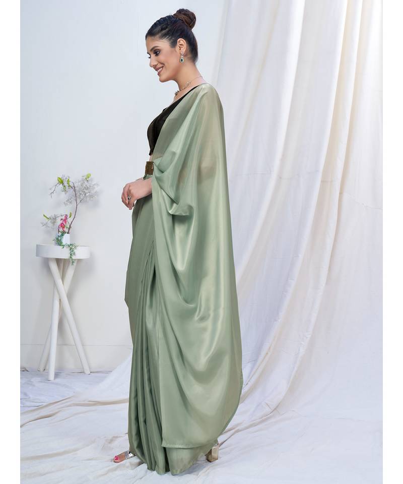 Mint Green Plain Ready to Wear Silk Saree WITH BLOUSE