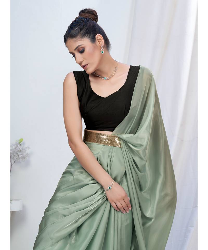 Mint Green Plain Ready to Wear Silk Saree WITH BLOUSE