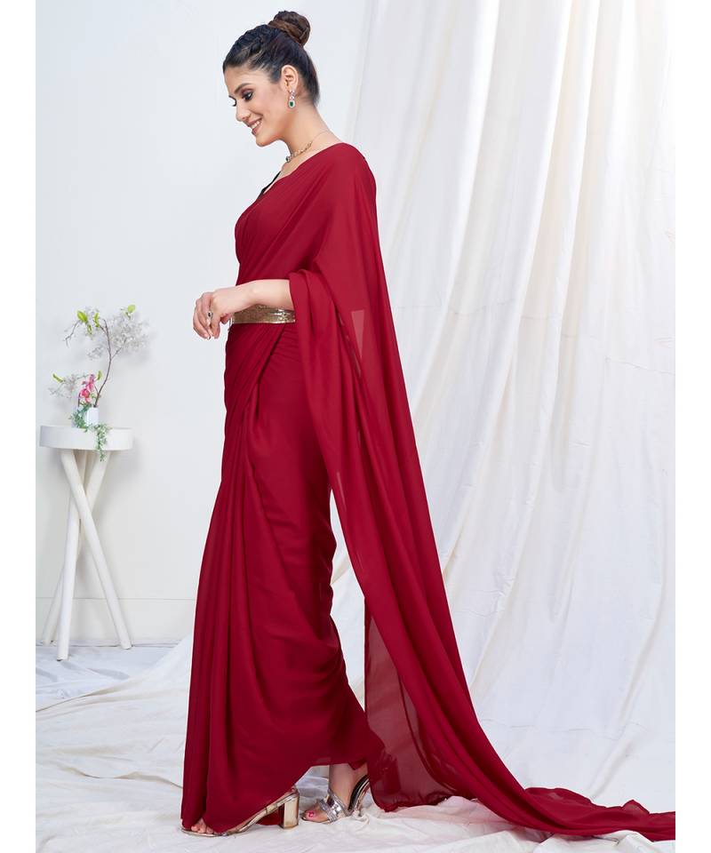 Poppy Red Plain Ready to Wear Silk Saree WITH BLOUSE
