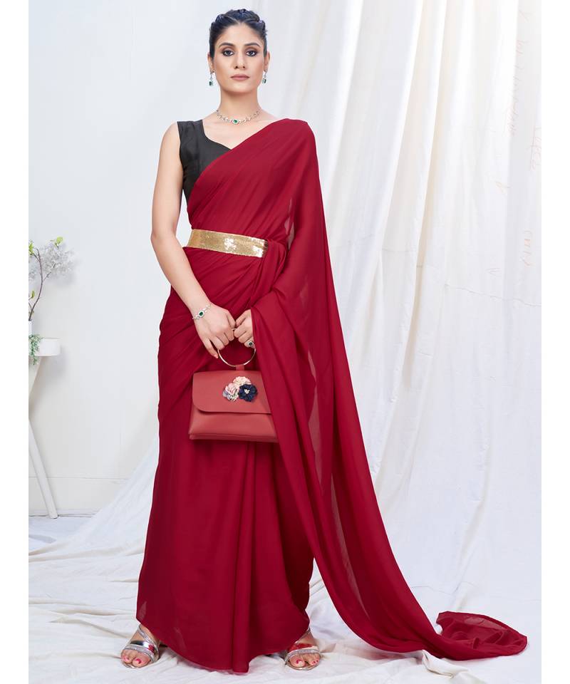 Poppy Red Plain Ready to Wear Silk Saree WITH BLOUSE