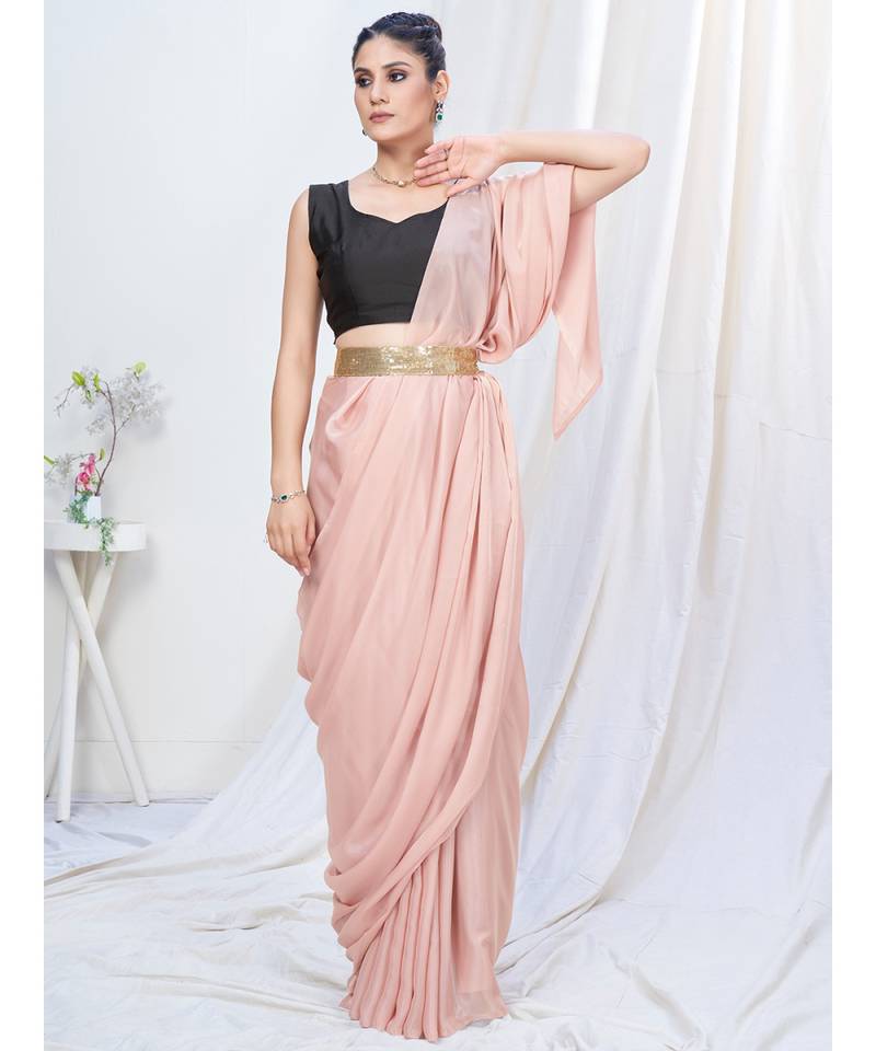 Old Rose Pink Plain Ready to Wear Silk Saree WITH BLOUSE