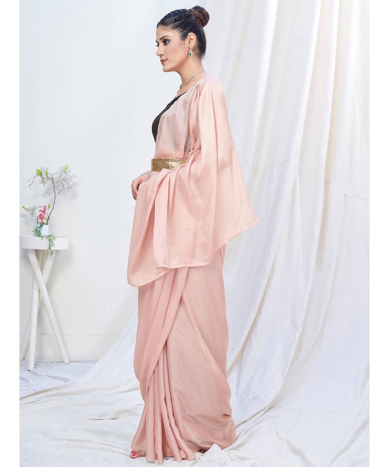 Old Rose Pink Plain Ready to Wear Silk Saree WITH BLOUSE