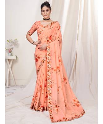 Rose peach Floral Designer Georgette Saree WITH BLOUSE 1