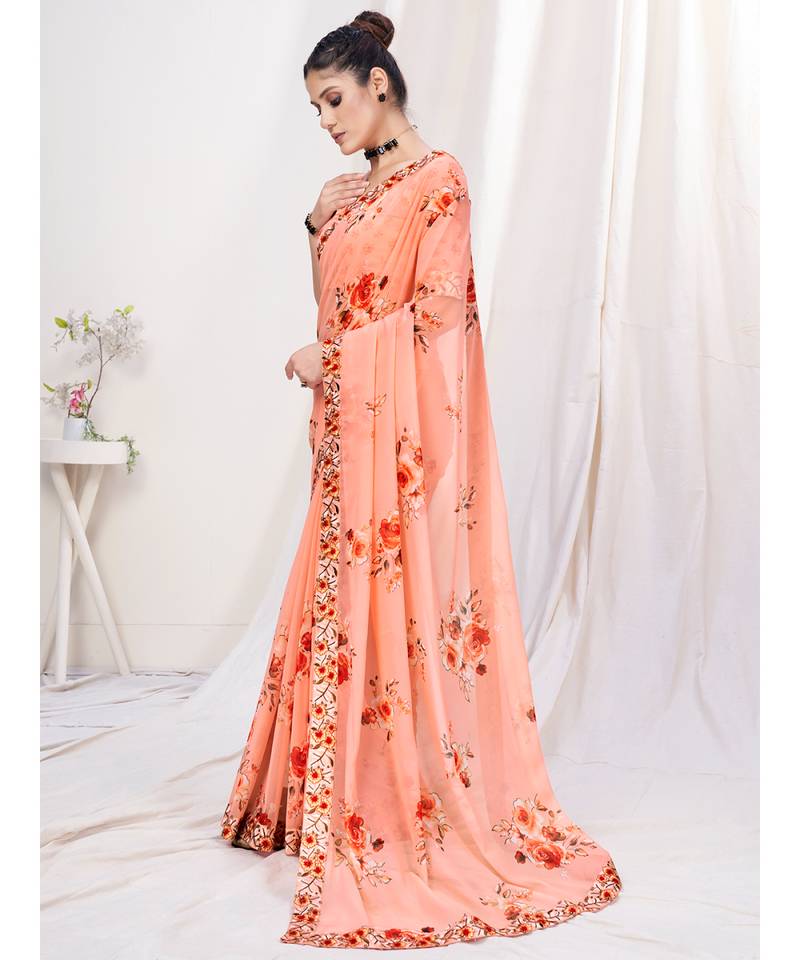 Rose peach Floral Designer Georgette Saree WITH BLOUSE