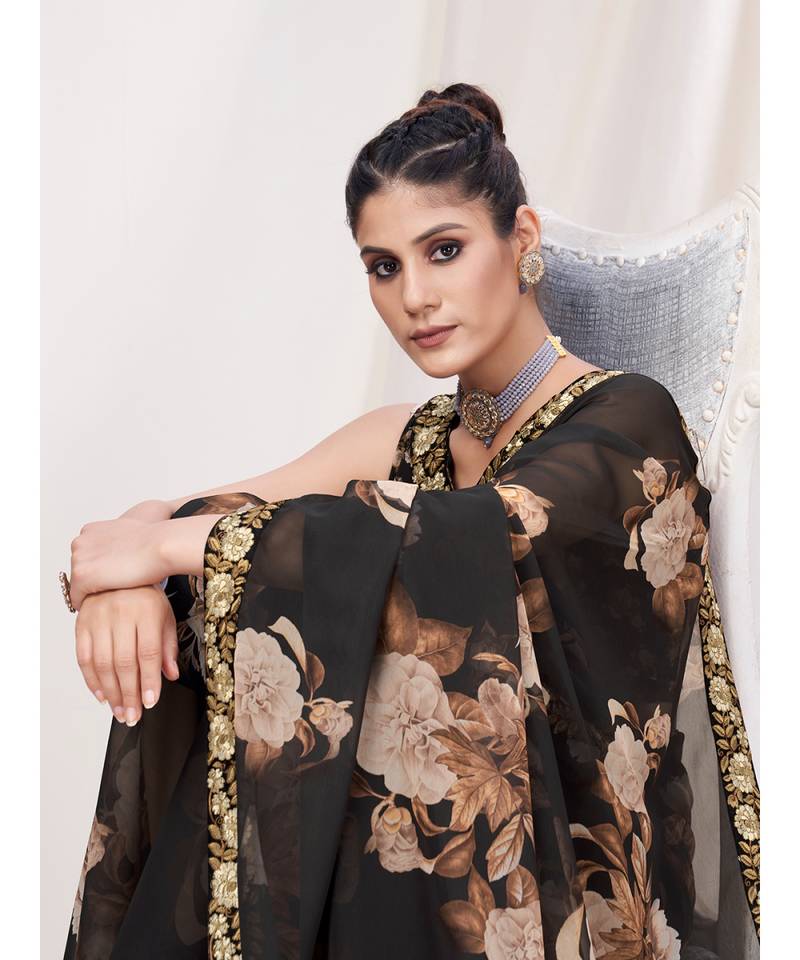 Deep Black Floral Designer Georgette Saree With Blouse