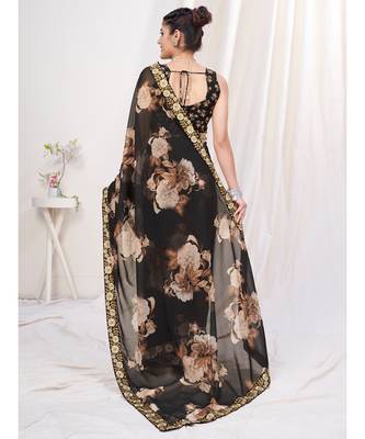 Deep Black Floral Designer Georgette Saree With Blouse 3