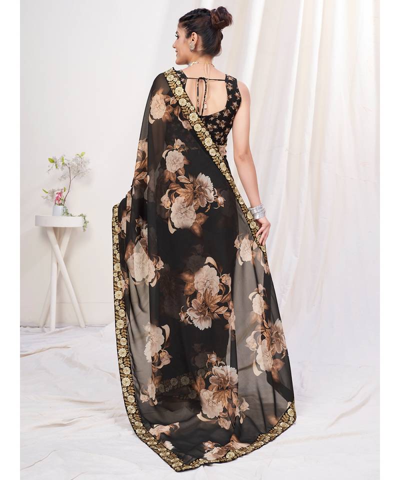 Deep Black Floral Designer Georgette Saree With Blouse