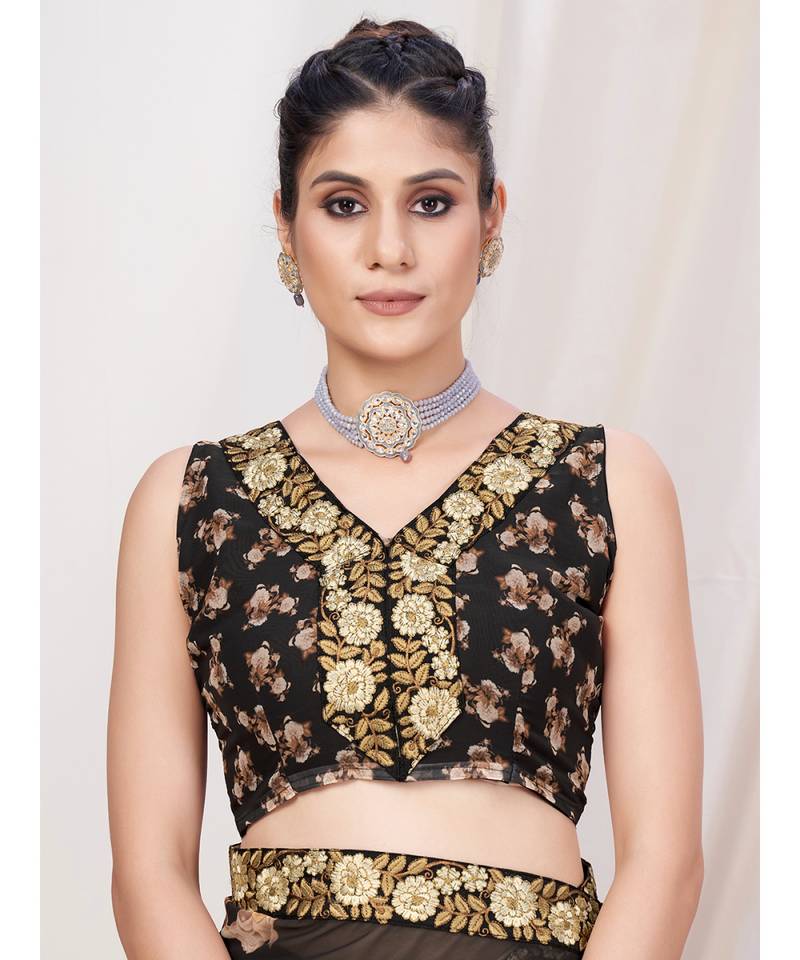 Deep Black Floral Designer Georgette Saree With Blouse