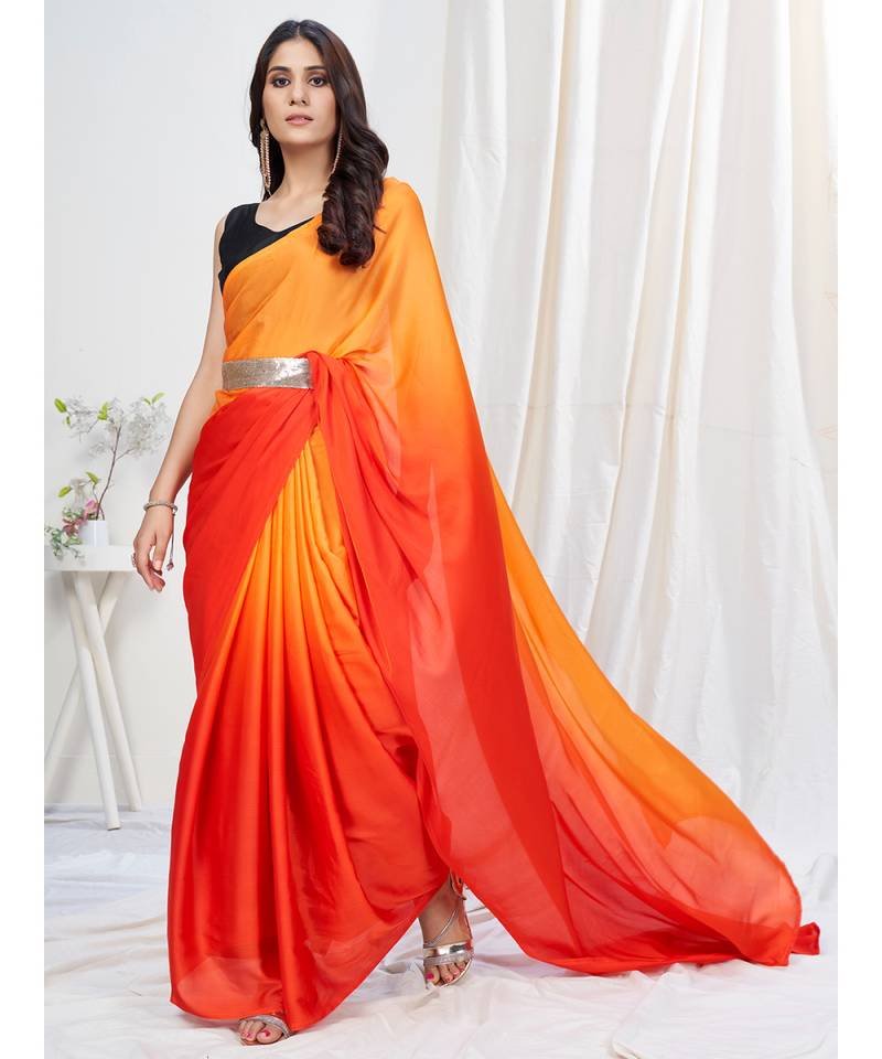 Two Tone Orange Plain Ready to Wear Silk Saree WITH BLOUSE