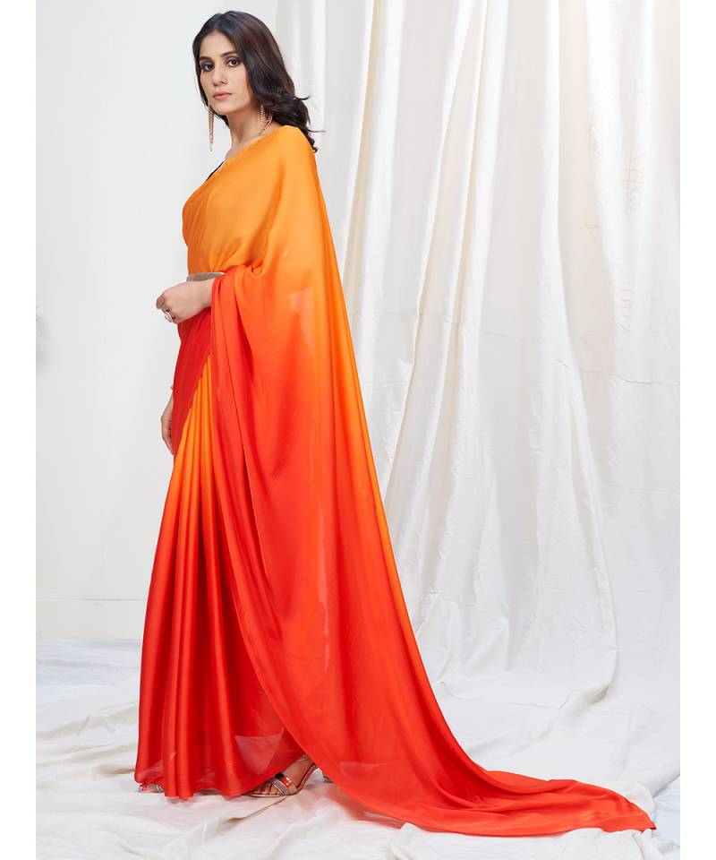 Two Tone Orange Plain Ready to Wear Silk Saree WITH BLOUSE