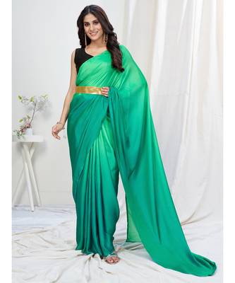 two tone green plain pre-stitched silk saree 1