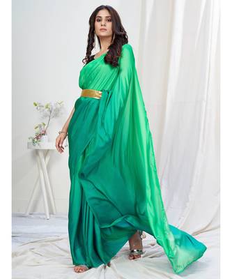 two tone green plain pre-stitched silk saree 2