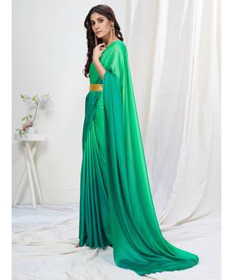 two tone green plain pre-stitched silk saree 3