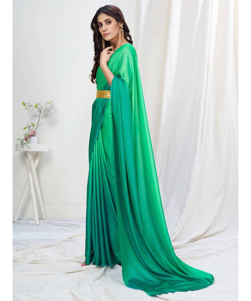 Two Tone Green Plain Ready to Wear Silk Saree WITH BLOUSE