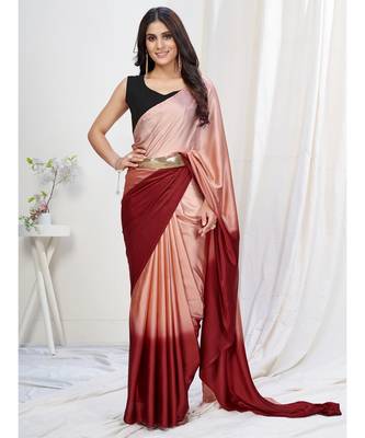 peach or red plain ready to wear silk saree 1