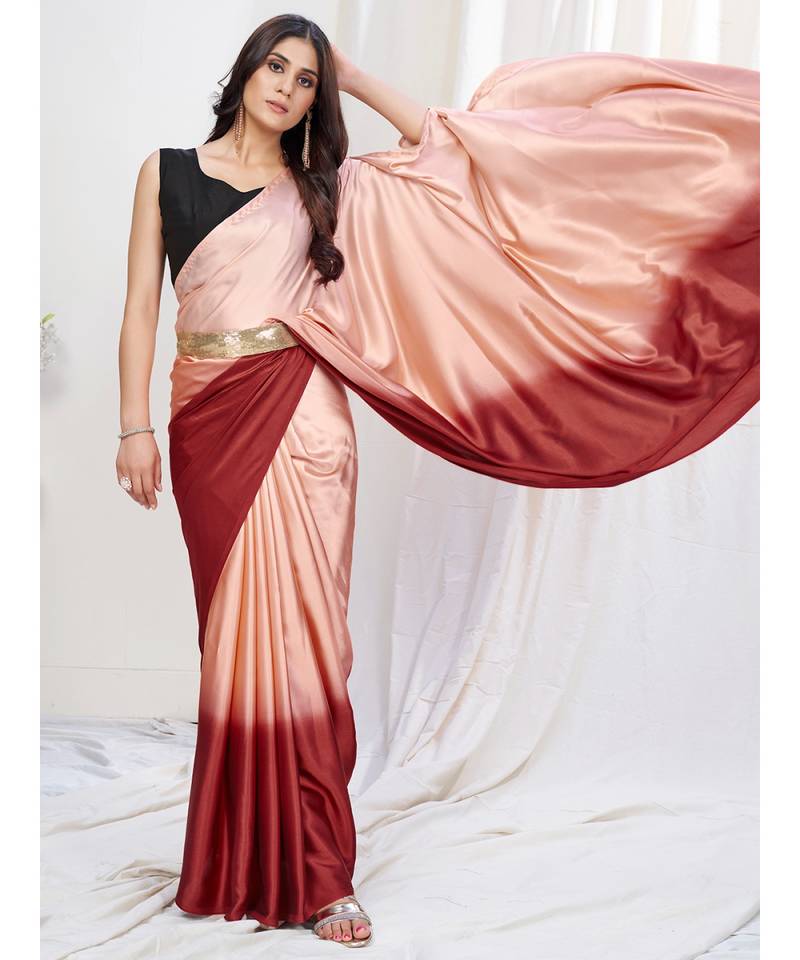 Peach or Red Plain Ready to Wear Silk Saree WITH BLOUSE