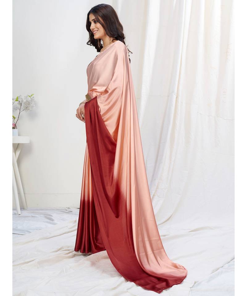 Peach or Red Plain Ready to Wear Silk Saree WITH BLOUSE