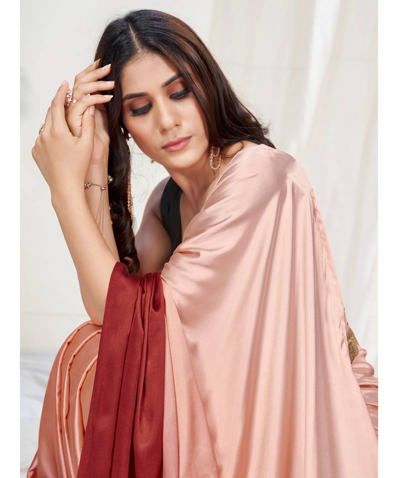 Peach or Red Plain Ready to Wear Silk Saree WITH BLOUSE