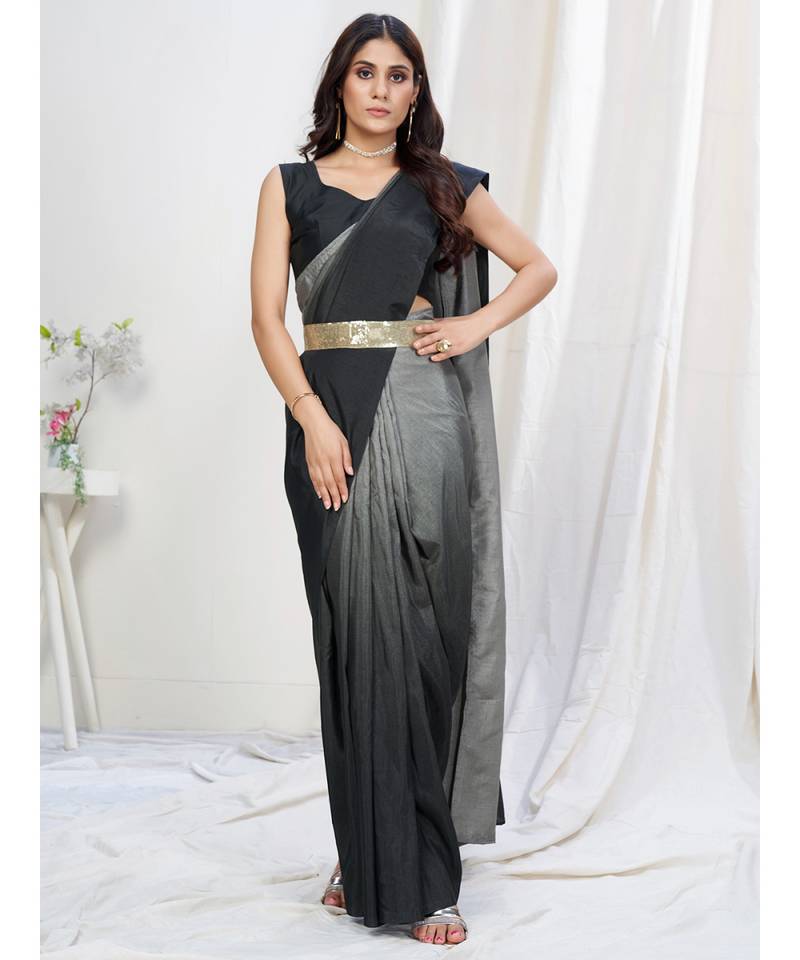 Black or Grey Plain Ready to Wear Silk Saree WITH BLOUSE