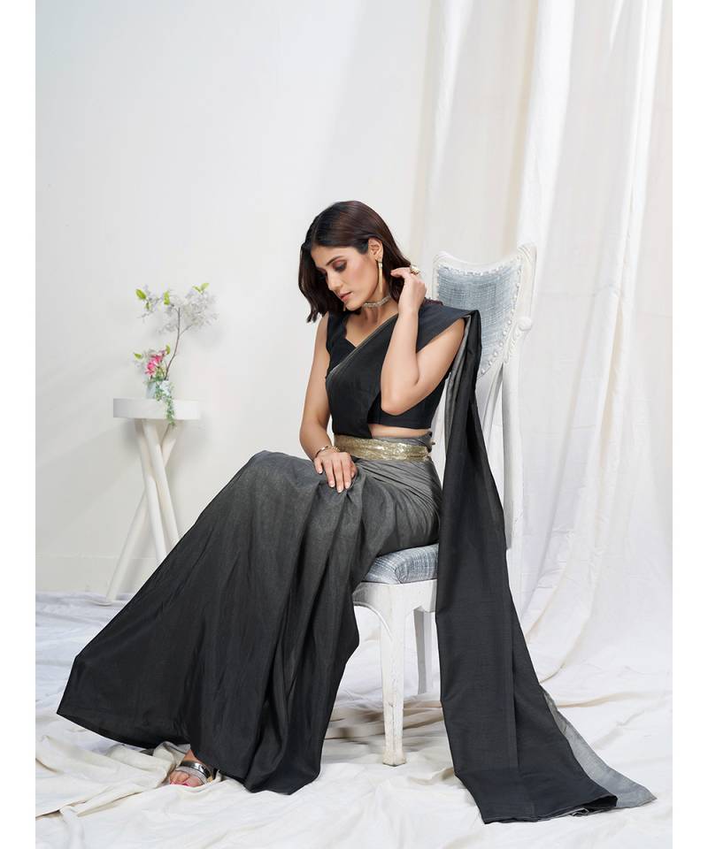 Black or Grey Plain Ready to Wear Silk Saree WITH BLOUSE