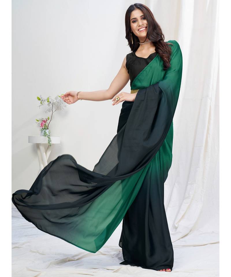 Two Tone Blue Plain Ready to Wear Silk Designer Saree WITH BLOUSE