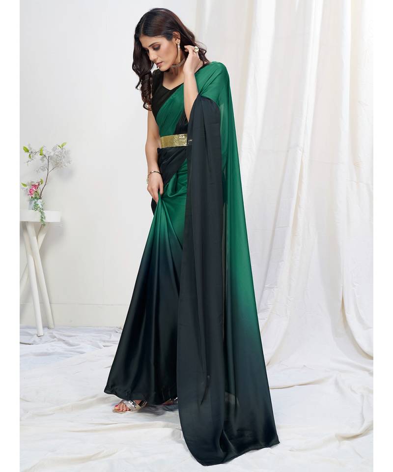 Two Tone Blue Plain Ready to Wear Silk Designer Saree WITH BLOUSE