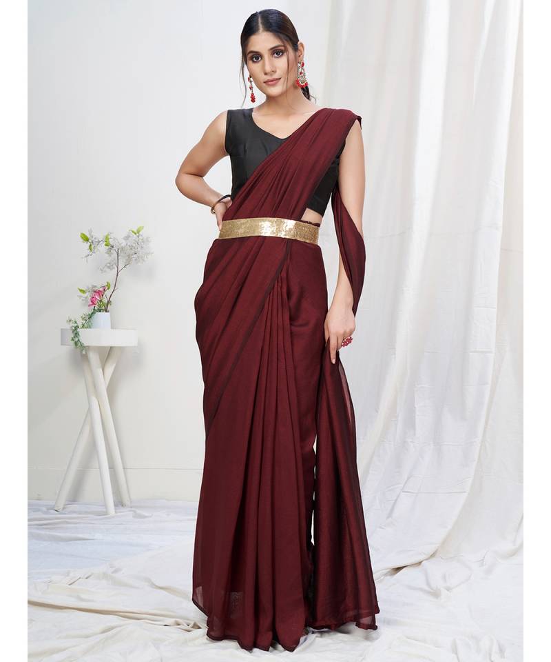 Rosewood Maroon Plain Ready to Wear Soft Silk Saree WITH BLOUSE
