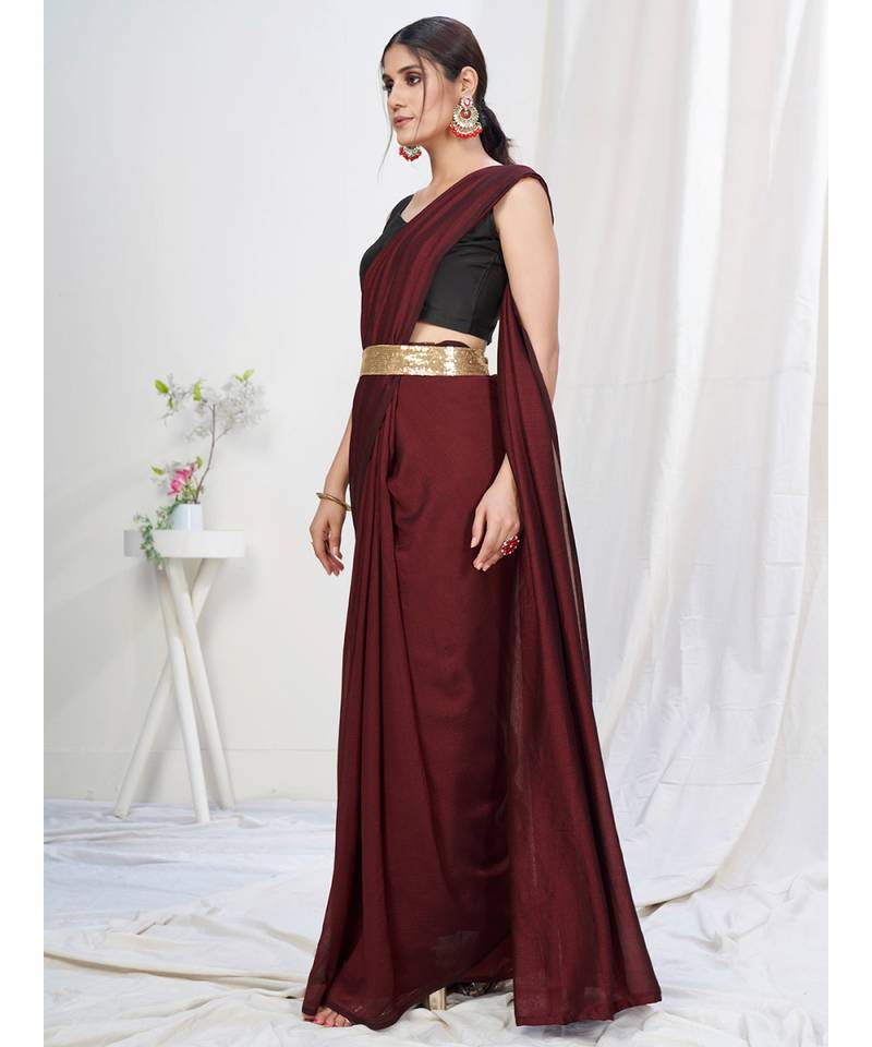 Rosewood Maroon Plain Ready to Wear Soft Silk Saree WITH BLOUSE