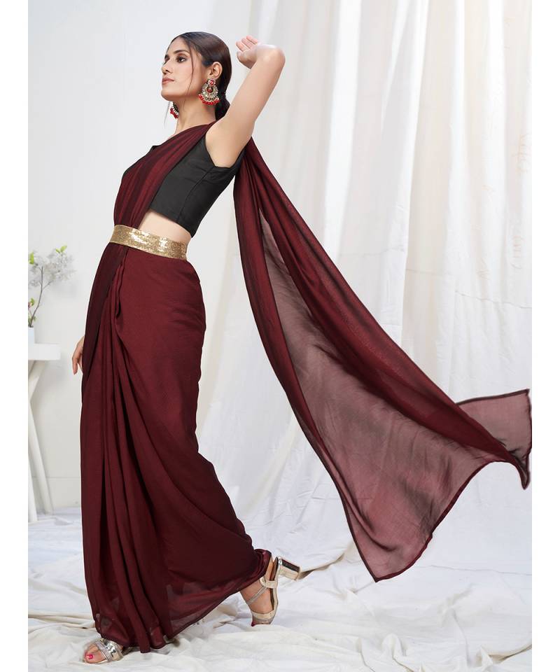Rosewood Maroon Plain Ready to Wear Soft Silk Saree WITH BLOUSE