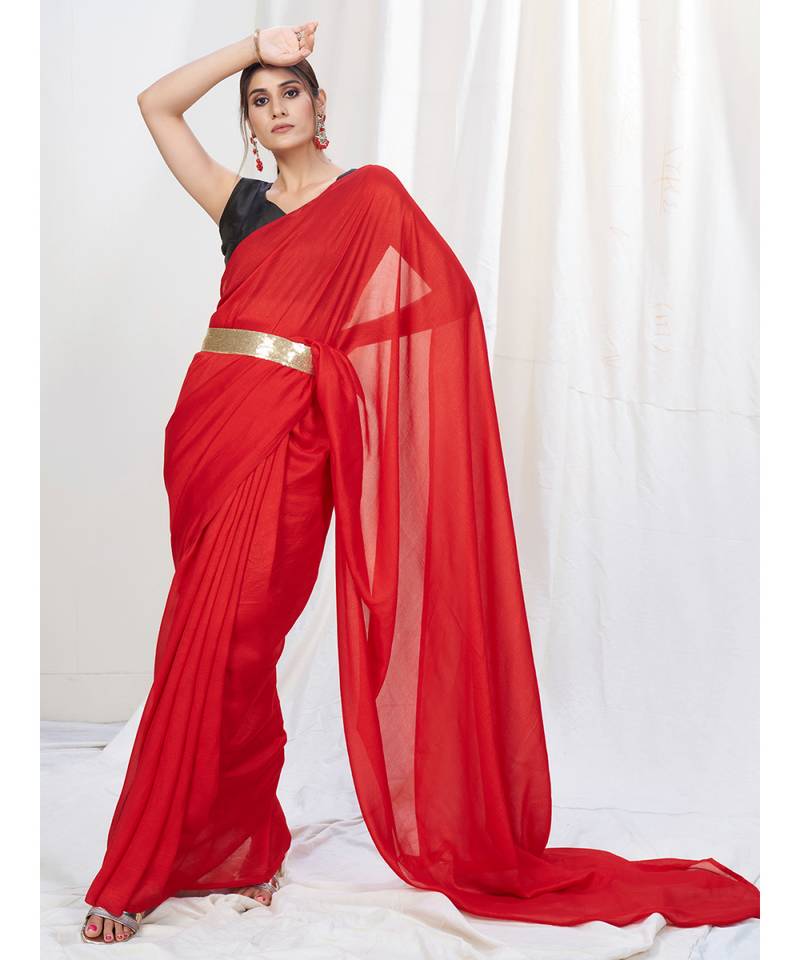 Scarlet Red Plain Ready to Wear Soft Silk Saree WITH BLOUSE