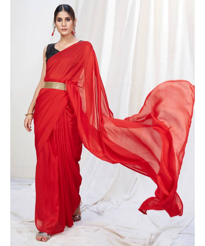 Scarlet Red Plain Ready to Wear Soft Silk Saree WITH BLOUSE