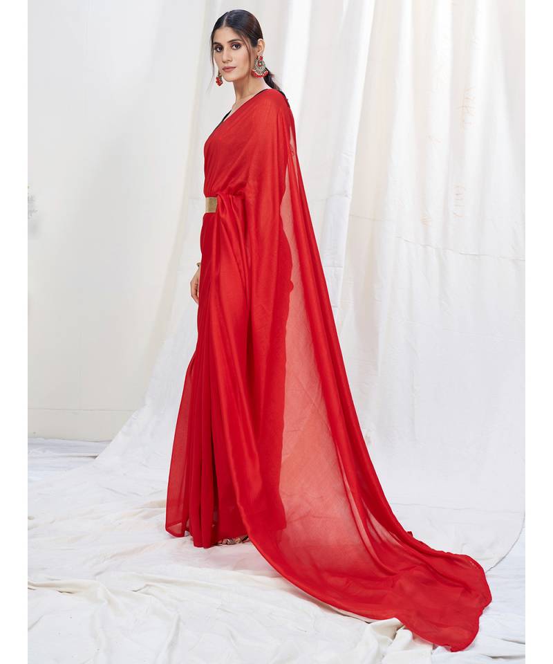 Scarlet Red Plain Ready to Wear Soft Silk Saree WITH BLOUSE