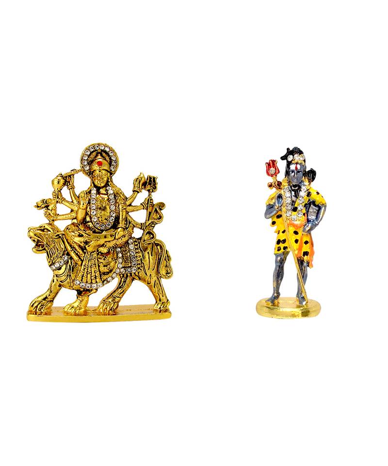 Mata Durga Maa Vaishno Devi (antique style) Lord Shiva Holding Holy Trident (Small Size) Set of 2 Idol Statue