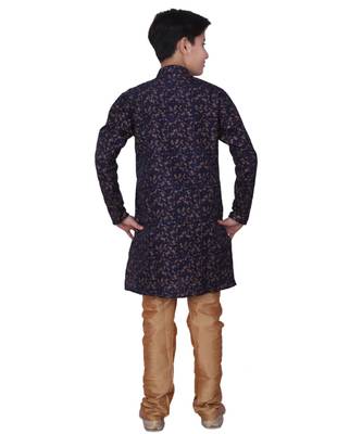 Blue Floral Design Silk  Boys Kurta Pajama Set 2