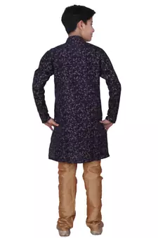 Blue Floral Design Silk  Boys Kurta Pajama Set
