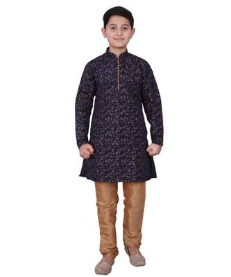 Blue Floral Design Silk  Boys Kurta Pajama Set 1