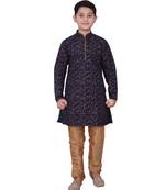 Blue Floral Design Silk  Boys Kurta Pajama Set