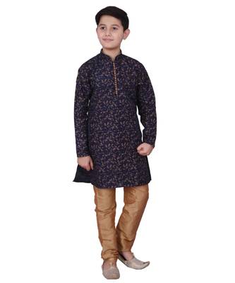 Blue Floral Design Silk  Boys Kurta Pajama Set 3
