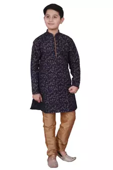 Blue Floral Design Silk  Boys Kurta Pajama Set