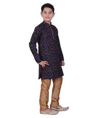 Blue Floral Design Silk  Boys Kurta Pajama Set 4