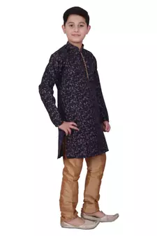 Blue Floral Design Silk  Boys Kurta Pajama Set